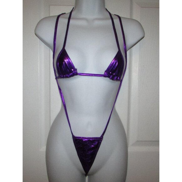Purple Metallic Micro Strappy String Thong Bikini - NEW - Picture 1 of 6
